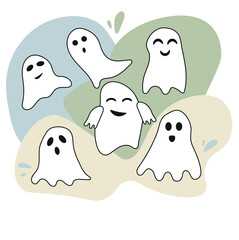 kind, cute ghosts on a white background, smiling and scary