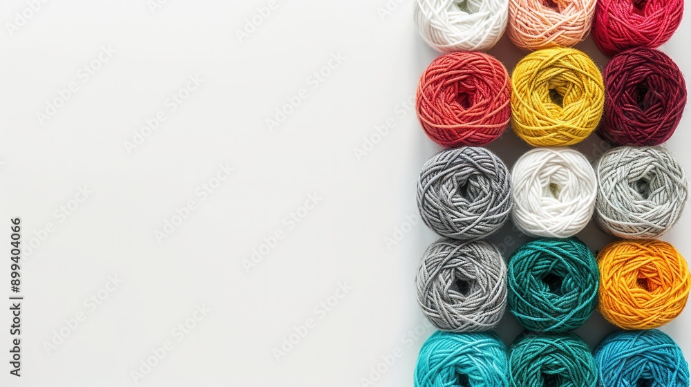 Leinwandbilder Brightly colored yarn rolls are neatly arranged in a grid pattern, providing ample space on a white background for customizable text or design elements. Generative AI