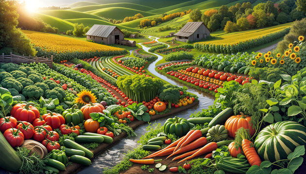 Paysage surr&eacute;aliste avec une vari&eacute;t&eacute; de l&eacute;gumes, collines verdoyantes, granges rustiques, tournesols et ruisseau serpentant &agrave; travers des champs fertiles et color&eacute;s.