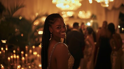 A black woman with long braids, wearing a formal gown, smiling warmly at a gala event.
