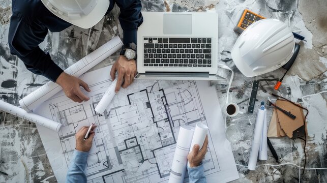 Top view engineers or architects working on blueprints, sketches, and laptop computers office desk. architects team having a showing project plans at site the construction.