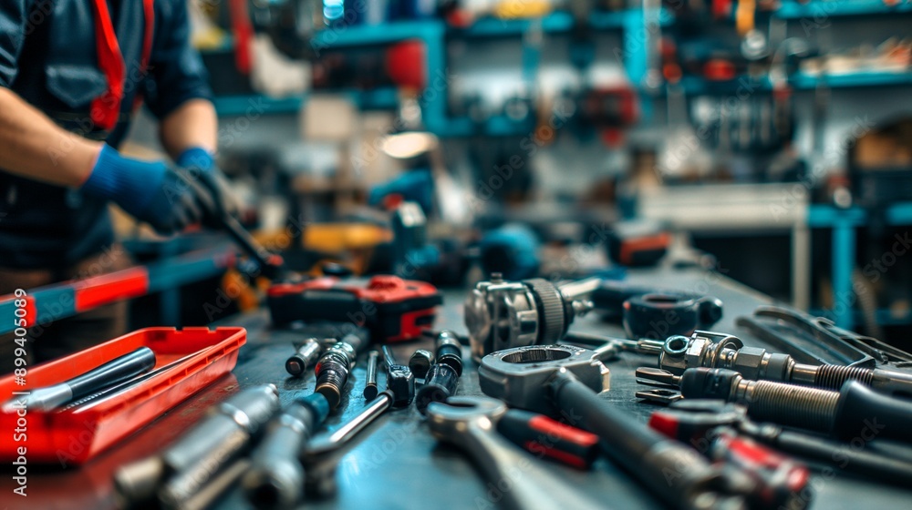 Poster a close-up shot of a mechanic's workbench, showcasing a diverse array of tools, from wrenches and sc