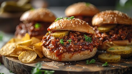 Sloppy Joe Sandwiches with Pickles and Chips