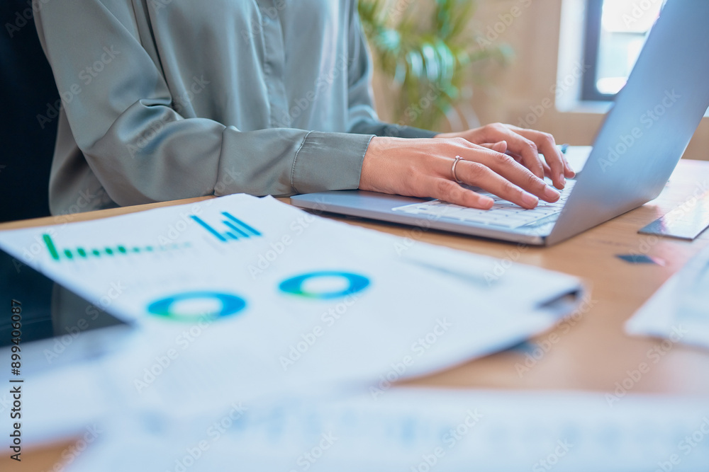 Poster Data, laptop and hands of person typing email for results, analysis or stats in office. Keyboard, business and computer with graph paper for sales info, chart or investment analyst with profit report