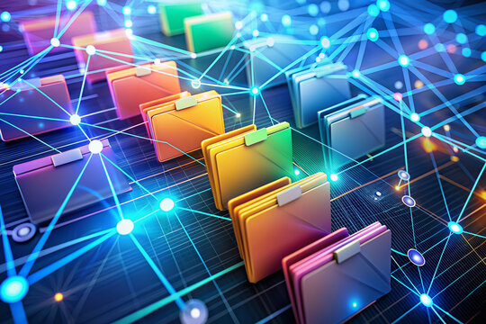 Digital folders and files bursting with colorful tags and labels, surrounded by glowing network connections, illustrate a streamlined document management system.