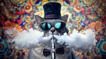 A cat wearing sunglasses a top hat and a bowtie
