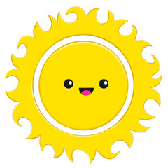 Cartoon funny sun character. Isolated  of adorable solar. Bright summer and weather personages with kawaii faces, big eyes and smiles, and fun