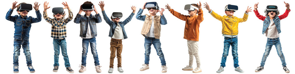 Pack of Happy boy kid using VR headset set against transparent background