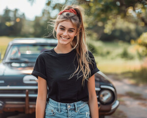 MOCKUP female wearing a black tee