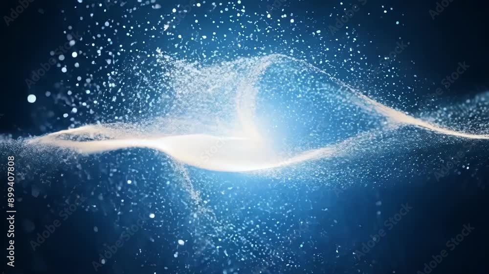 Poster shimmering specks of light collide and merge continuously evolving into ephemeral structures.