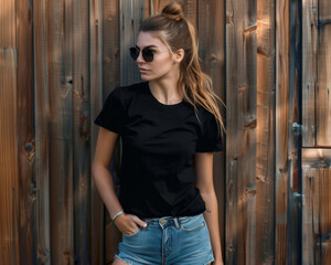 MOCKUP female wearing a black tee