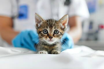 Kitten being examined by a veterinarian with blue gloves in a bright clinic. Pet health and veterinary care concept.