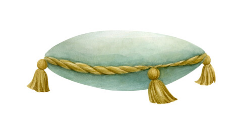 Velvet pillow with gold tassels. Watercolor illustration