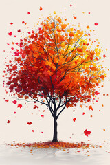 Vibrant Autumn Tree with Red, Orange, and Yellow Leaves Falling Gracefully on a White Background Capturing the Essence of Fall. T-shirt print