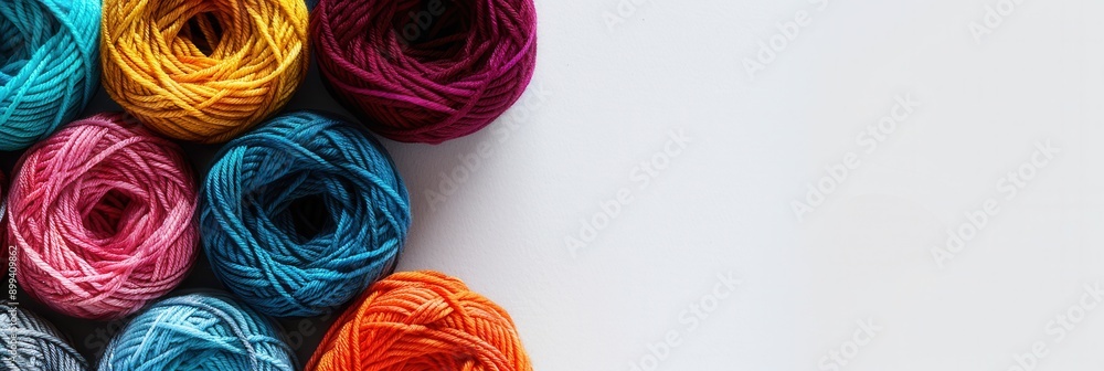 Poster a vibrant assortment of yarn rolls displayed neatly on a white background, offering plenty of space 