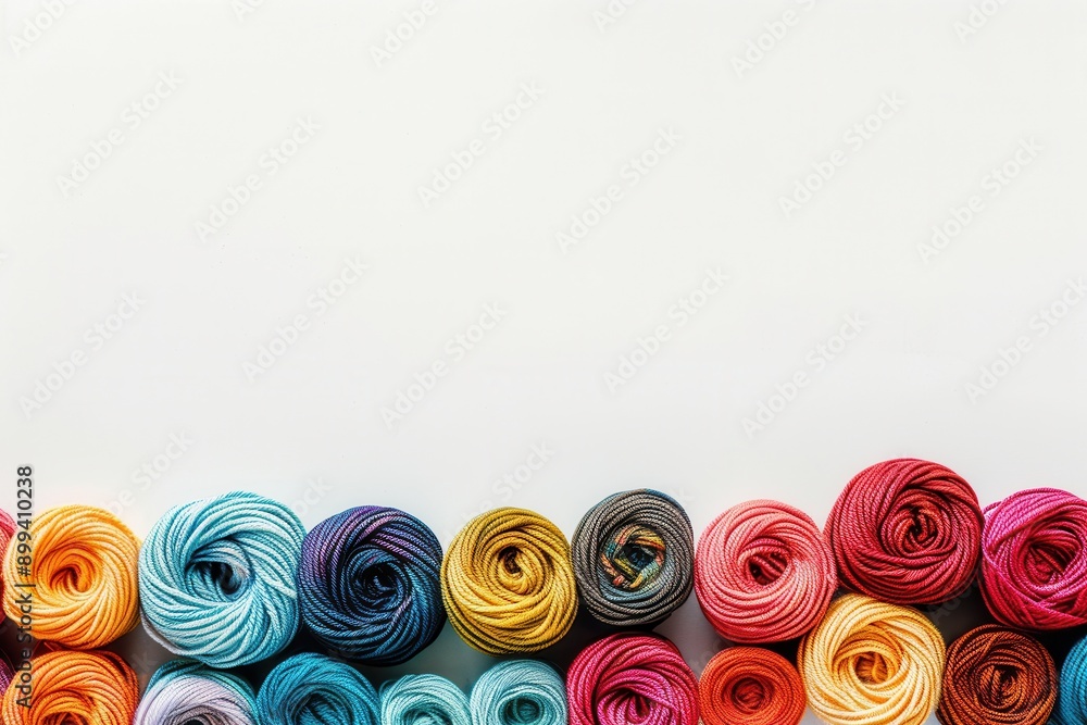 Fototapete Colorful yarn rolls are arranged in a grid pattern on a white background, providing ample space for creative text placement and project ideas. Generative AI