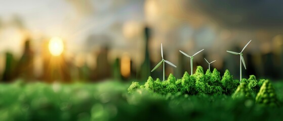Sustainable Energy Concept with Wind Turbines and Greenery Against a Modern City Skyline at Sunset