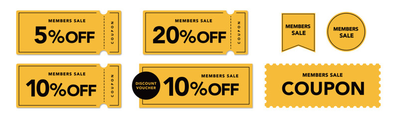 メンバーセールに使えるポップな黄色と黒のクーポンベクターアイコンセット