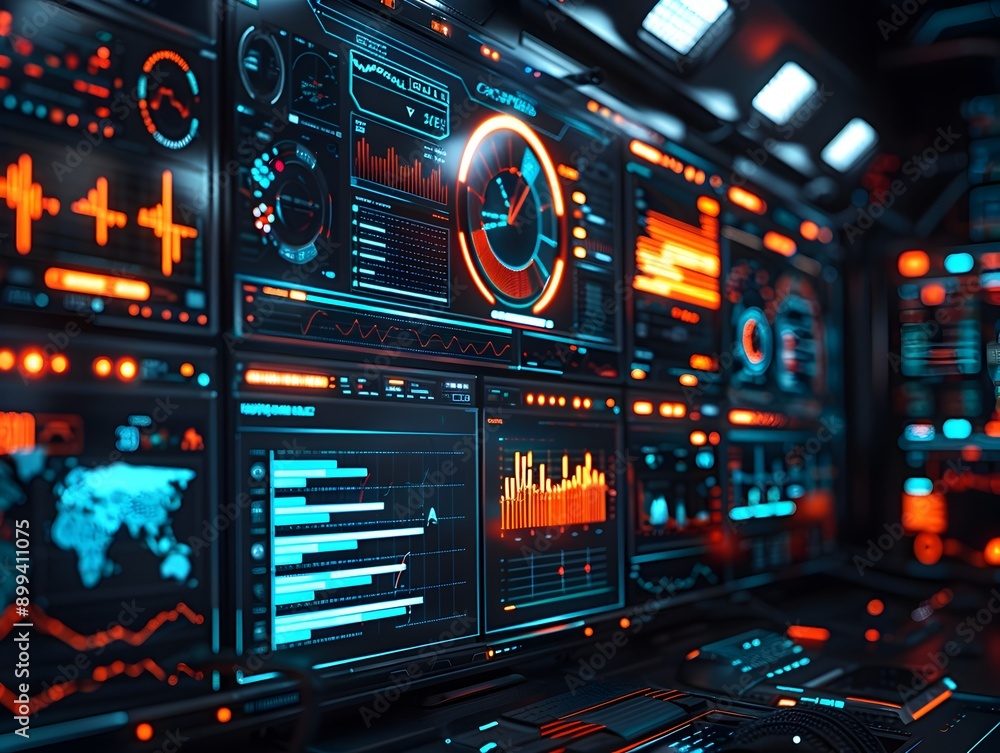 Poster cutting edge cybersecurity dashboard with real time data and threat analysis in a dark high tech env