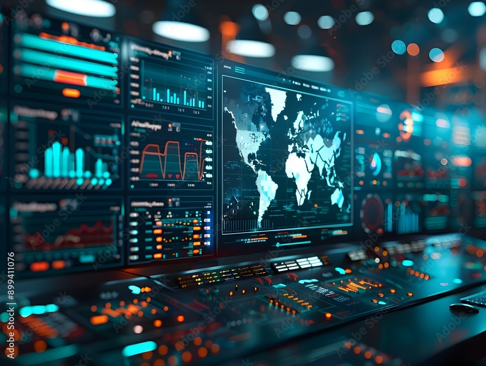 Poster futuristic cybersecurity dashboard with real time data analytics and threat monitoring in dark high 
