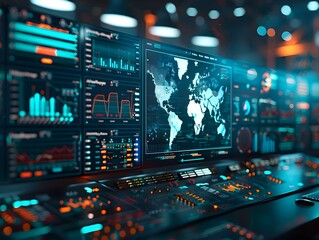 Futuristic Cybersecurity Dashboard with Real time Data Analytics and Threat Monitoring in Dark High Tech Room