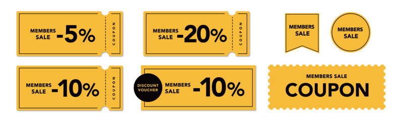 メンバーセールに使えるポップな黄色と黒のクーポンベクターアイコンセット2