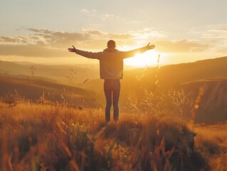 Fototapeta premium Silhouette of a Person Standing on Hilltop Embracing the Morning Light and New Possibilities