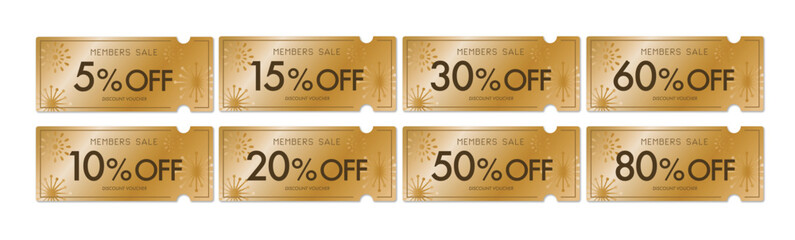 メンバーセールに使える高級感のある金の花火のクーポンベクターアイコンセット（割引率別）