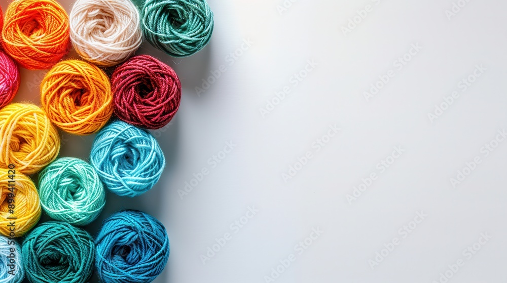 Poster brightly colored yarn rolls are arranged in a grid, providing ample space for text on a clean white 