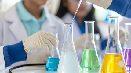 A science experiment in progress, with students wearing lab coats and using scientific equipment. The image captures a sense of curiosity and exploration.