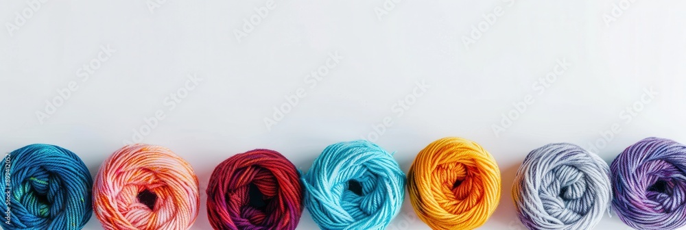 Leinwandbilder A grid of vibrant yarn rolls in various colors is displayed on a white background, offering ample space for additional text elements or creative design. Generative AI