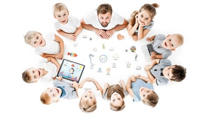 MacBook Storytelling Hour: Description: A patient teacher leans over a MacBook, surrounded by a circle of kindergarteners. The screen displays an enchanting ebook with animated illustrations.