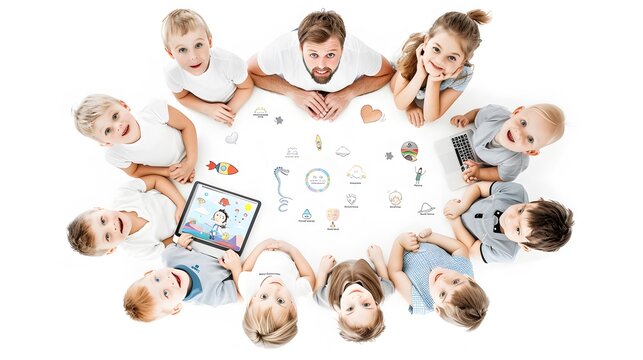 MacBook Storytelling Hour: Description: A patient teacher leans over a MacBook, surrounded by a circle of kindergarteners. The screen displays an enchanting ebook with animated illustrations.