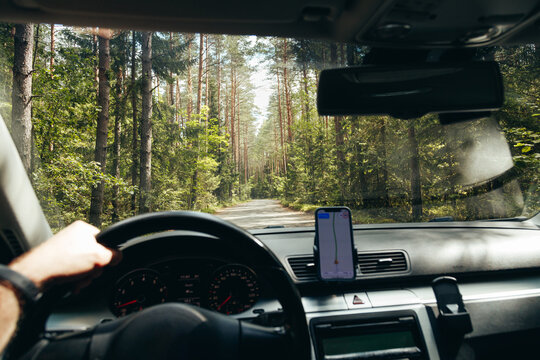 View from driver on car dashboard with navigation on smartphone screen and forest road