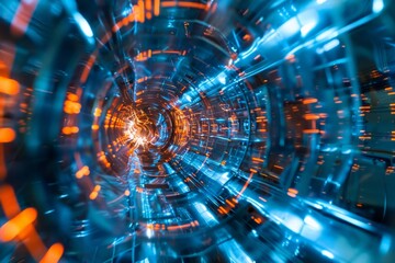 Fototapeta premium Abstract blue and orange light tunnel.