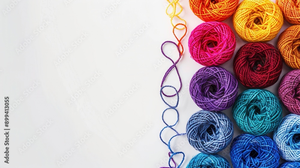 Poster Brightly colored yarn rolls arranged neatly to create a vibrant craft display, with open space for adding creative text elements. Generative AI