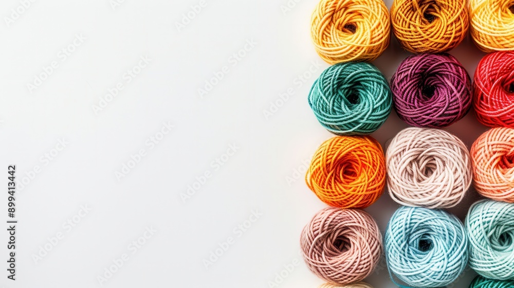 Fototapete A vibrant arrangement of colorful yarn rolls is displayed in a grid on a white background, offering ample space for additional design elements or text. Generative AI