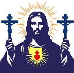 Silhouette of Jesus Christ with Crosses and a Heart.