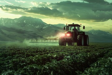 Fototapeta premium Tractor Spraying Crops in Mountainous Field.