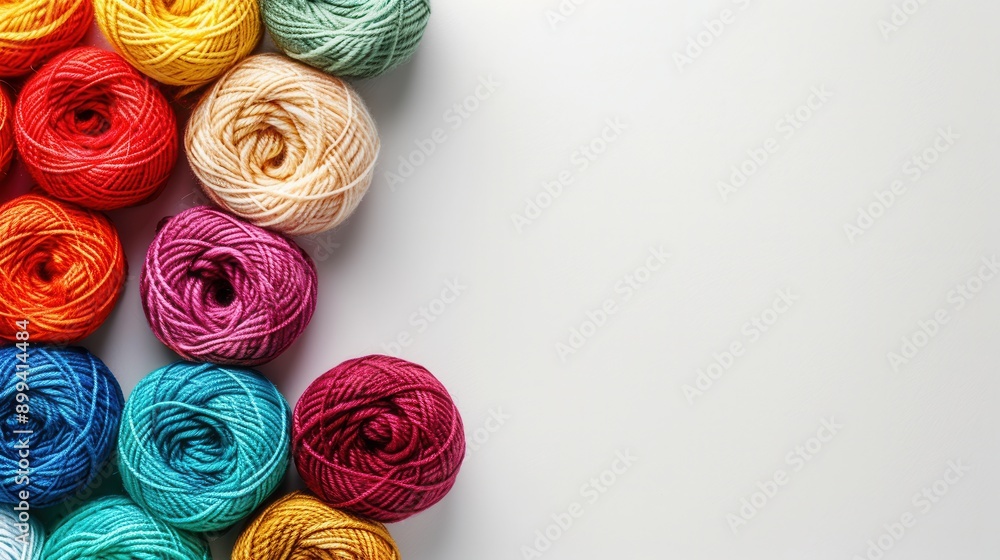 Leinwandbilder a vibrant assortment of yarn rolls is neatly arranged, offering a colorful palette perfect for vario
