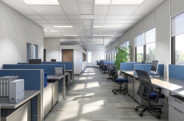 Modern Office Interior with White Concrete Floor, Blue Wall Panels, Work Tables, and Bright Lighting from Large Windows, Creating a Clean and Professional Business Environment