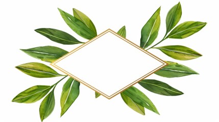 A stunning geometric golden frame adorned with a delicate bouquet, featuring lush green watercolor leaves for a chic touch.
