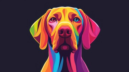 Vibrant abstract dog portrait on a black backdrop, showcasing bold hues and intricate patterns. Unique and eyecatching art piece.