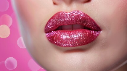 Fototapeta premium Close-Up of Glamorous Pink Glitter Lips with Bokeh Background for Beauty and Fashion Concepts