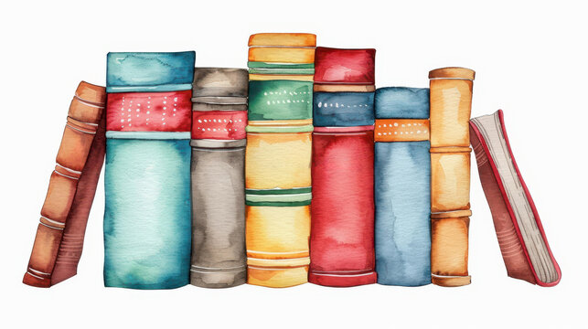 A delicate watercolor illustration showcases a charming stack of vintage books, perfectly capturing their timeless appeal.
