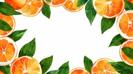 Fresh orange fruit border frame in vibrant watercolor, perfect for banners, labels, and wedding invitations. Enjoy a citrus touch