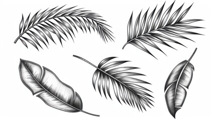 Vintage palm leaf collection, beautifully engraved, perfect for art projects, ecofriendly themes, or stylish decor.