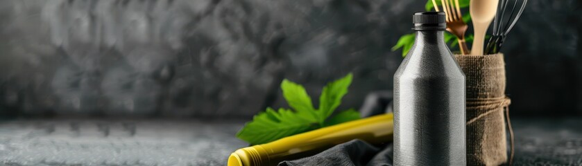 Eco-Friendly Kitchen Utensils and Bottle on Dark Background with Green Leaves and Bamboo Cutlery