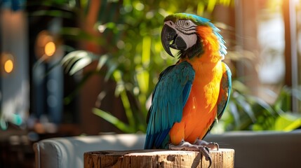 exotic bird photography, a vibrant parrot stood proudly on a wooden stand
