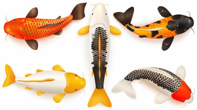 A stunning panorama of kois swimming gracefully, isolated on a clean white background for a striking visual impact.